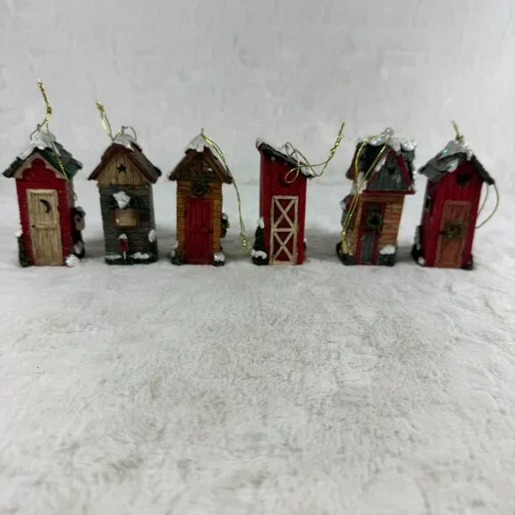 Set of 6 Christmas hanging ornaments Outhouses Resin 3 1/2" tall different style - Picture 3 of 12